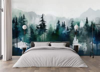 watercolor winter scene with green and blue pine trees Generative AI Wall mural