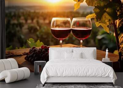 wine glasses in front of a vine vineyard with a sunset Generative AI Wall mural