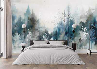 winter time in nature watercolor forest in blue and grey Generative AI Wall mural