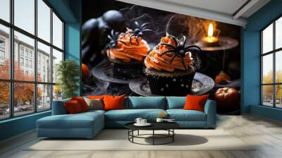 witch cupcakes and halloween ghost with spider Generative AI Wall mural