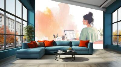 woman sits at her desk, working on an online platform for selling art and digital illustrations She has dark hair in a messy bun and wears casual , including jeans or pants and a t-shirt Generative AI Wall mural