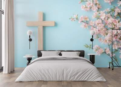 wooden cross and flowers on a light blue background, symbolizing Easter Generative AI Wall mural