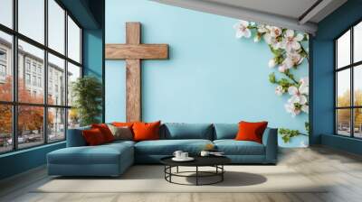 wooden cross and flowers on a light blue background, symbolizing Easter Generative AI Wall mural