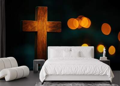 Wooden cross with bokeh lights on a dark background, with copy space for a concept of Easter and Christmas celebration in a church Generative AI Wall mural