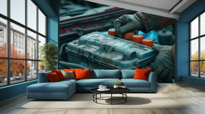 Auto repair service technician working on electric battery - High details, 8K UHD. Mechanic's hands checking and maintaining the car's electrical system. Wall mural