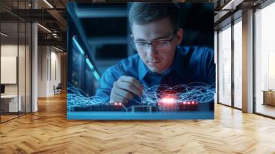 Network Engineer Organizing Cables in Data Center with Glowing Servers and Devices Background Wall mural