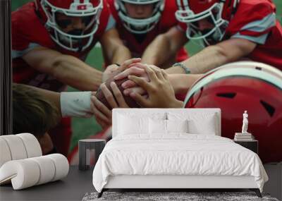 Teenage boy high school football team connecting hands in huddle. High Details, 8k, UHD Wall mural