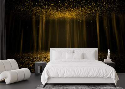 Abstract background shining golden floor ground particles stars dust. Futuristic glittering in space on black background. Wall mural