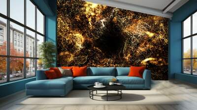 golden particles shining stars dust bokeh glitter awards dust abstract background. Futuristic glittering in space on black background.	
 Wall mural