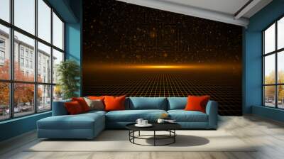 Perspective Grid. Abstract background shining golden floor ground particles stars dust with flare. Futuristic glittering in space on black background. Wall mural