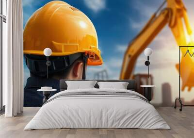 A construction worker in a yellow hard hat observes machinery at a construction site against a bright sky. Wall mural