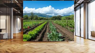 A picturesque landscape shot of a permaculture garden, integrating fruit trees, vegetables, and natural habitats, exhibiting the harmony between agriculture and nature. Wall mural