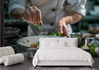 Chef preparing a gourmet dish in a stylish kitchen, focus on hands and ingredients, clean and bright environment, stock photography style Wall mural