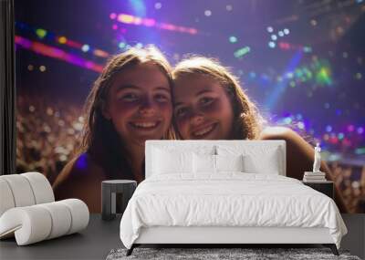 Happy Young Women Enjoying Concert Atmosphere with Colorful Lights and Crowd in Background Wall mural