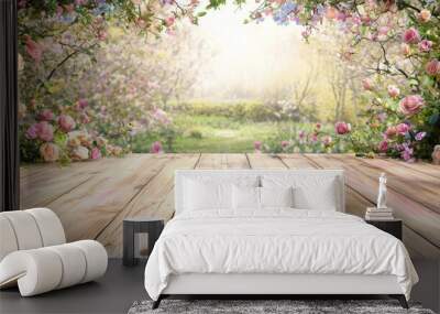 Relaxing Rustic Ambiance - Wooden Deck Table on Pastel Wallpaper Background Wall mural