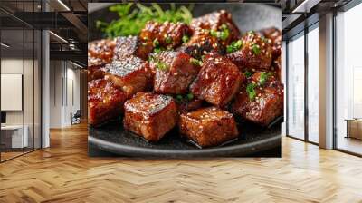 Succulent Moo Ping: Close-Up of Golden Brown Grilled Pork Skewers with Glistening Juices and Crispy Edges Wall mural