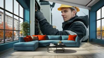 Wind turbine engineer working on a power generator at a sustainable energy site with a focus on environmental impact and renewable energy sources Wall mural