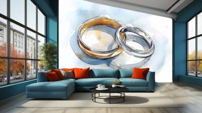 beautiful Wedding Rings watercolor Sketch on White Background Wall mural