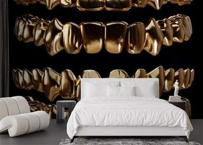 Cool gold shiny teeth grills on a black background Wall mural