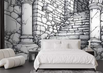 fantasy Dungeon Coloring Page with Light Grayscale Art Wall mural