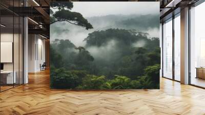 Enchanting rainforest, lush greenery meets swirling mist, captivating landscape that calls out to adventurers. Tourism campaigns, travel aficionados, nature publications. Misty landscape series. Wall mural