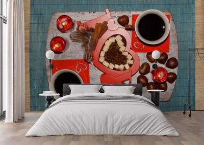 Hot coffee , Two cups on table and coffee beans - Happy Valentine's Day
 Wall mural