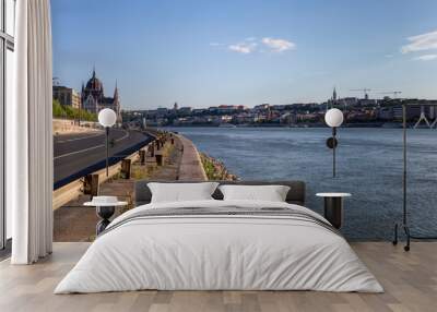 View of Budapest from under the Margaret Bridge on a sunny afternoon Wall mural