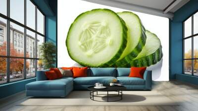 Slices of fresh cucumber isolated on white background. Fresh raw organic vegetable. Generative AI. Wall mural