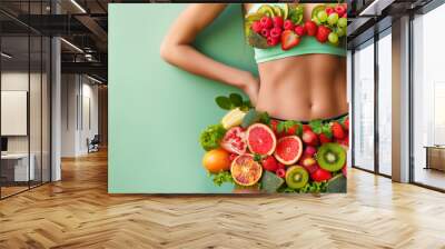 Close-up half of the body, beautiful woman, smiling, fit and healthy, fair skin wearing an outfit made from various small fruits, light pastel green background, concept about eating healthy Wall mural