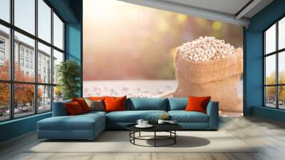 millet rice or millet grains in small sack on wooden table. outdoor shooting with sunlight and blur  Wall mural