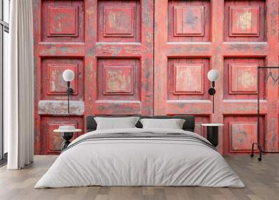 Red vintage wooden door texture Wall mural