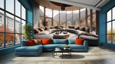 AI generative image of living room with couch and panoramic window with mountain view Wall mural