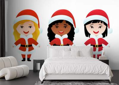 Three cute santa girls of different races Wall mural