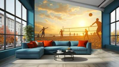 A group of people playing volleyball on a beach at sunset. The sky is filled with clouds, and the sun is setting in the background Wall mural