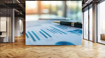 A close-up of a financial report with a pen resting on top Wall mural