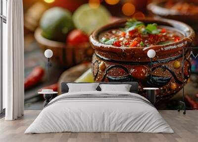 Traditional Salsa Served in Handcrafted Ceramic Bowl Wall mural