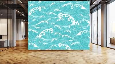 Ocean waves, stripes pattern seamless hand drawn Asian style Wall mural