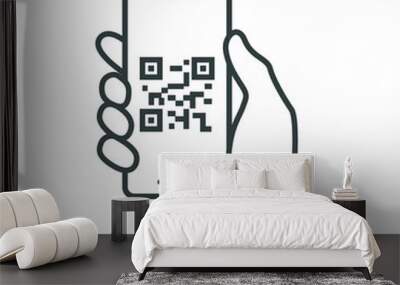 qr code scanning in smartphone screen. hand holding mobile phone. simple line icon style, barcode sc Wall mural