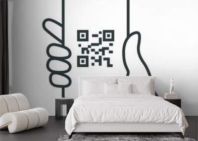 QR code scanning in smartphone screen. Hand holding Mobile phone. Simple line icon style, barcode scanner for pay, web, mobile app. Vector illustration isolated. Editable stroke EPS 10. Wall mural