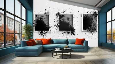 Abstract Black Ink Splatter Art Splashes on 3 White Canvases – Modern Minimalist Triptych Design Wall mural