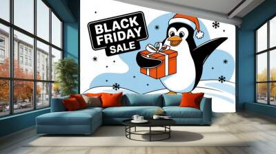 Cheerful Cartoon Penguin Holding Gift Box Black Friday Sale - Fun Holiday Promotion Illustration Ecommerce Retail Marketing Wall mural