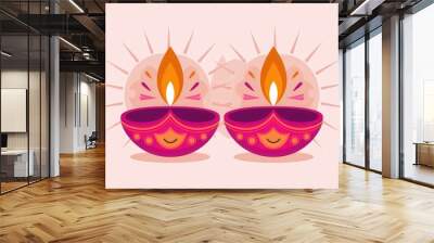 Colorful Diwali Oil Lamps Flames Pastel Pink Background - Festive Decorative Elements Diwali Celebrations, Marketing Materials, Social Media Graphics Wall mural