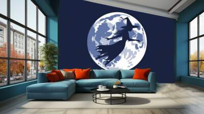 Silhouette of a Witch Flying Against a Full Moon - Spooky Halloween Illustration Wall mural