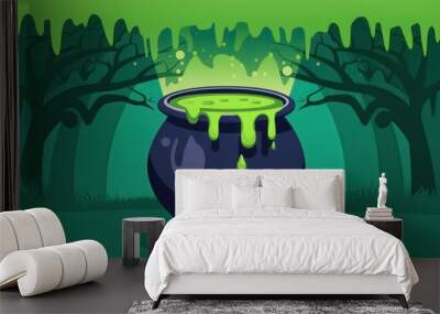 Spooky Green Cauldron with Bubbling Potion in Dark Forest - Halloween Themed Graphic Wall mural