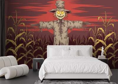 Spooky Halloween Scarecrow in Cornfield at Sunset - Whimsical Agricultural Illustration for Fall Decor Wall mural