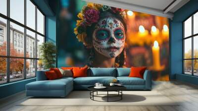 Young Hispanic Girl Celebrating Día de los Muertos with Colorful Face Paint and Floral Crown - Cultural Heritage and Festive Traditions Wall mural