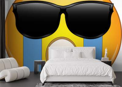 Cool Crying Face Emoji. Yellow face with an open mouth wailing and river of tears flowing from eyes hidden behind sunglasses. Expression of overwhelming grief and sadness, hiding puffy eyes from cry.. Wall mural