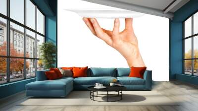 One white kitchen plate on human hand on transparent background Wall mural