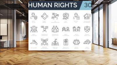 Set of 30 line icons related to human rights. Outline icon collection. Editable stroke. Vector illustration. Wall mural