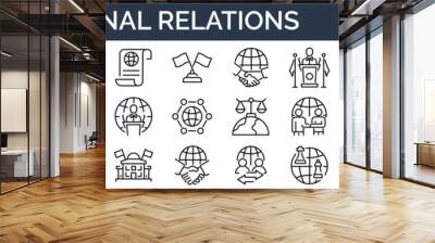 Set of 30 outline icons related to international relations. Linear icon collection. Editable stroke. Vector illustration Wall mural